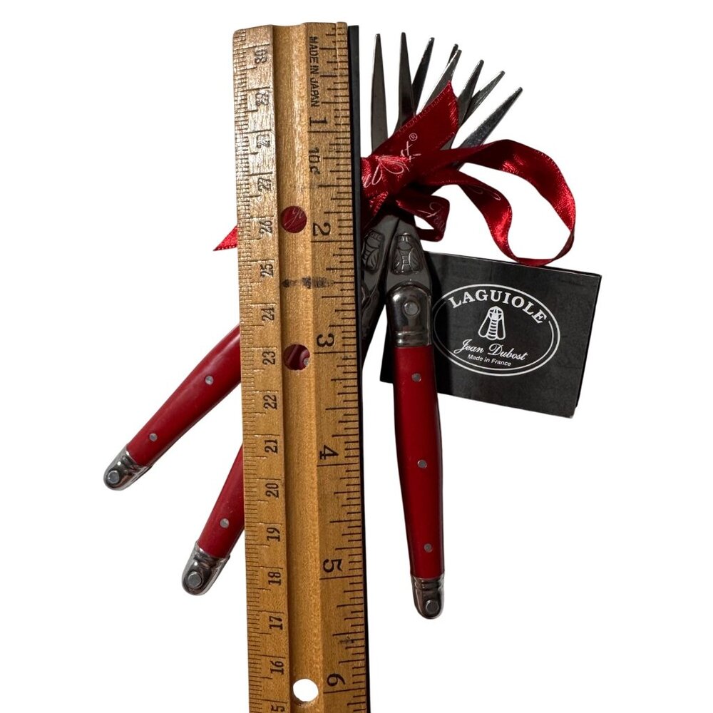 Laguiole Jean Dubost Bee Logo Red Cocktail Fork Set 4-Piece Stainless Steel Gift - Picture 2 of 11